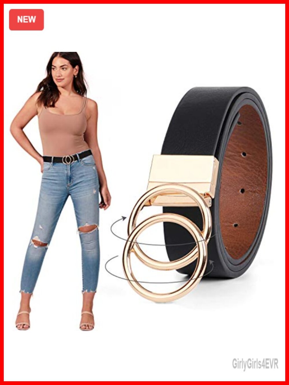 Women Reversible PU Leather Waist Belt Gold Double O Ring Buckle